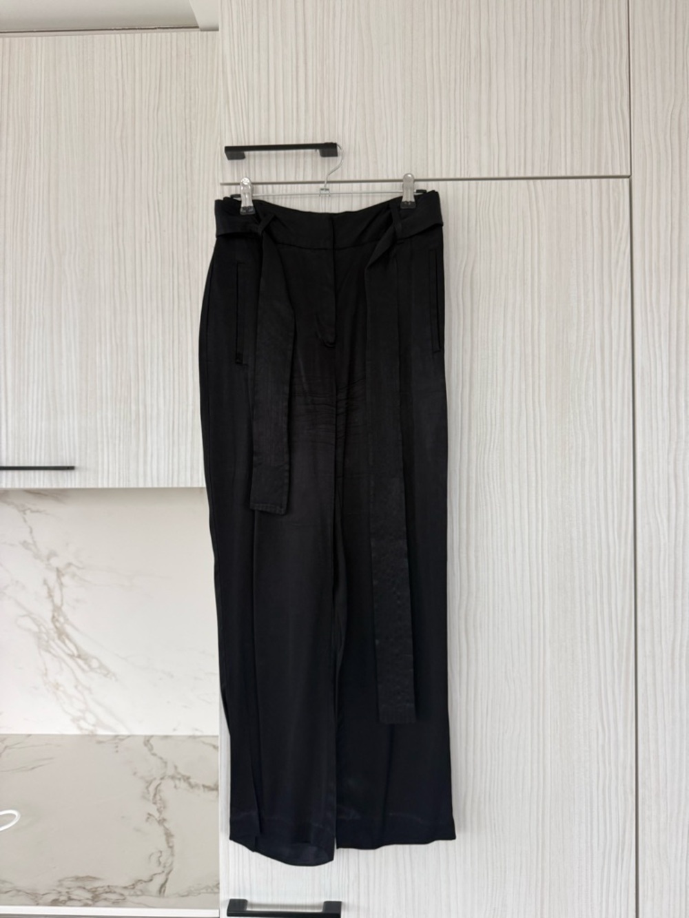 Wilfred Black Satin High-Waist Pants with Tie Belt